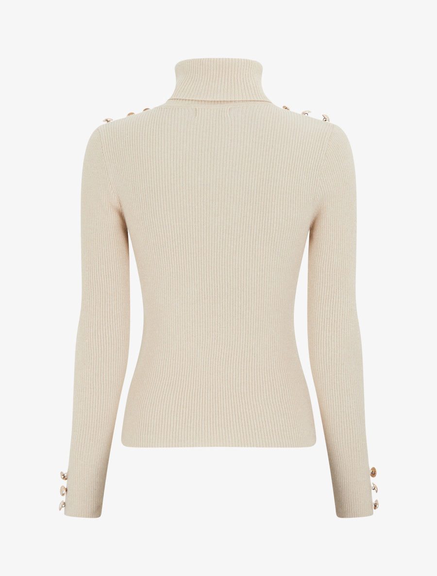 Pull en maille côtelée pailleté à col roulé - Beige - 2