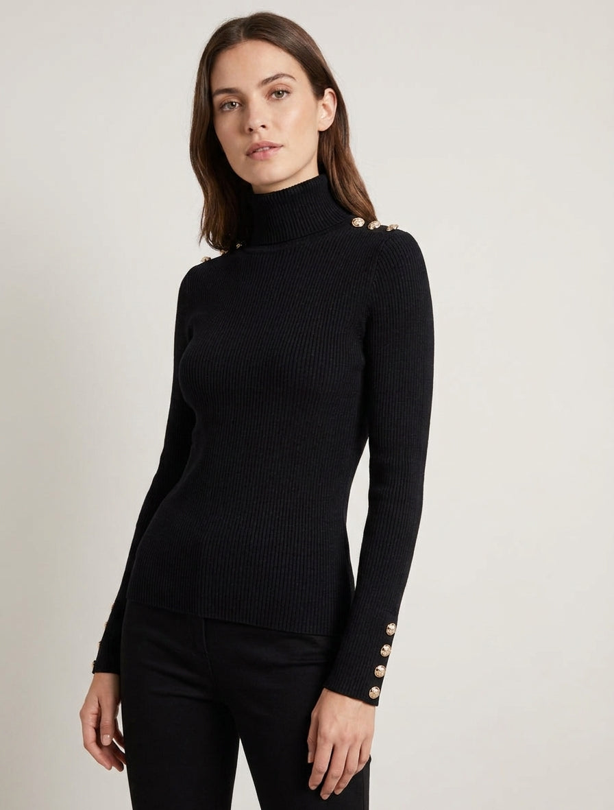Pull en maille côtelée pailleté à col roulé - Noir