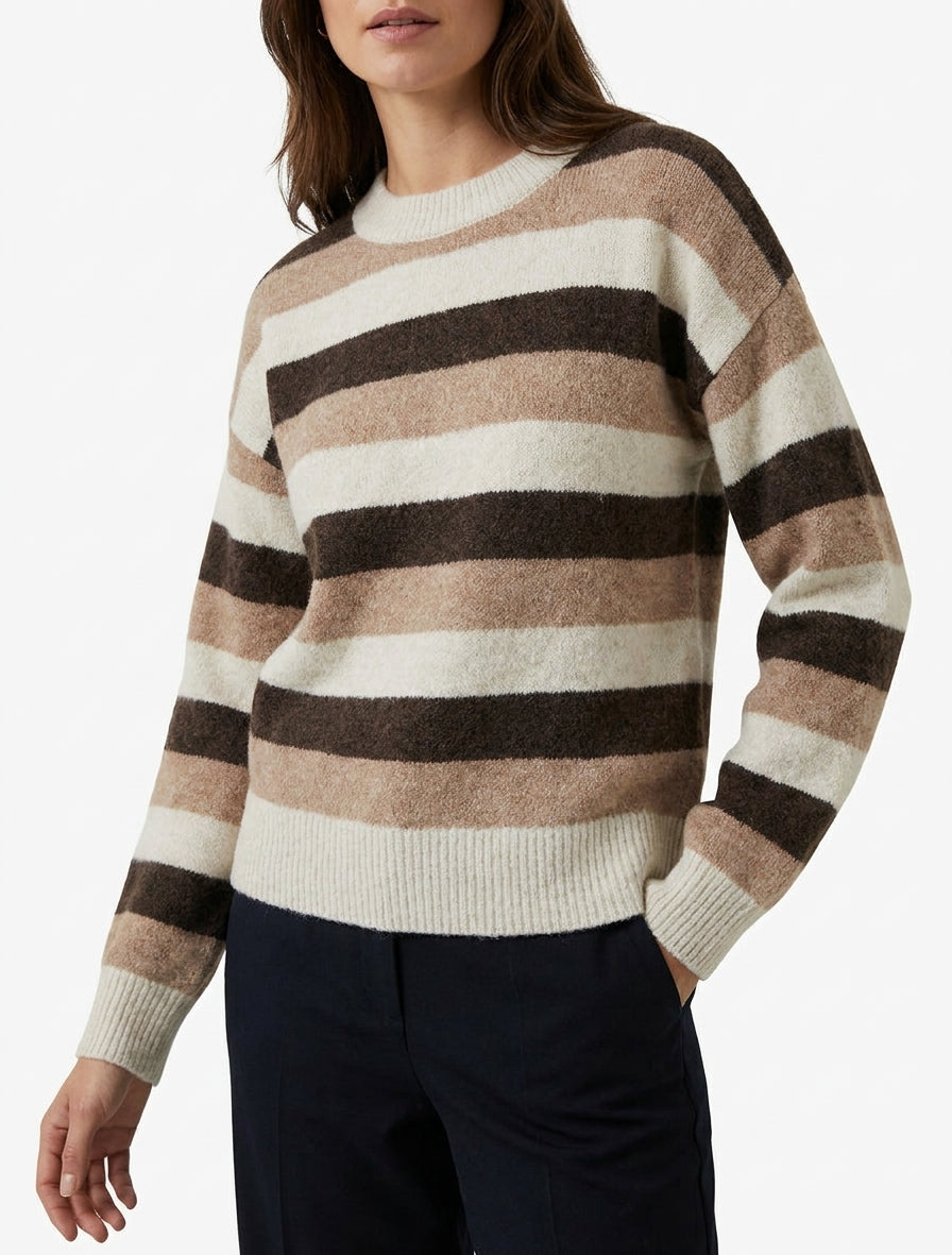 Pull droit rayé à col rond - Beige