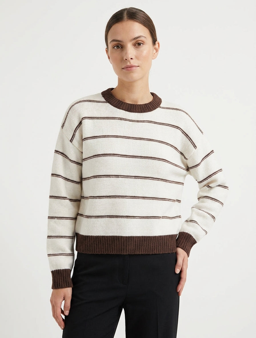Pull droit rayé à col et bords côtelés - Écru