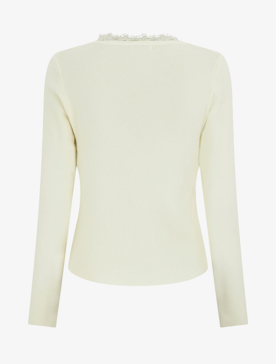 Pull côtelé asymétrique à détail dentelle - Crème - 2
