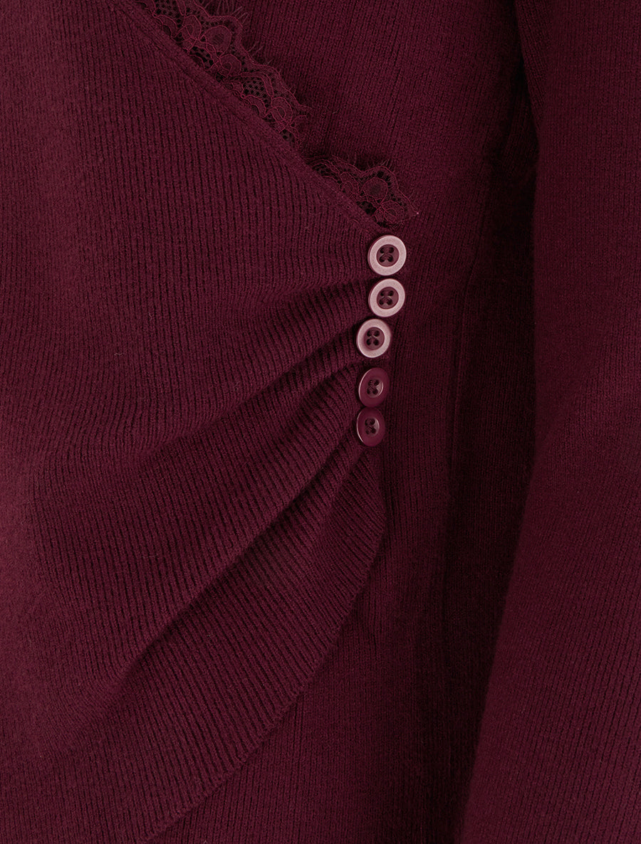 Pull côtelé asymétrique à détail dentelle - Lie de vin - 3