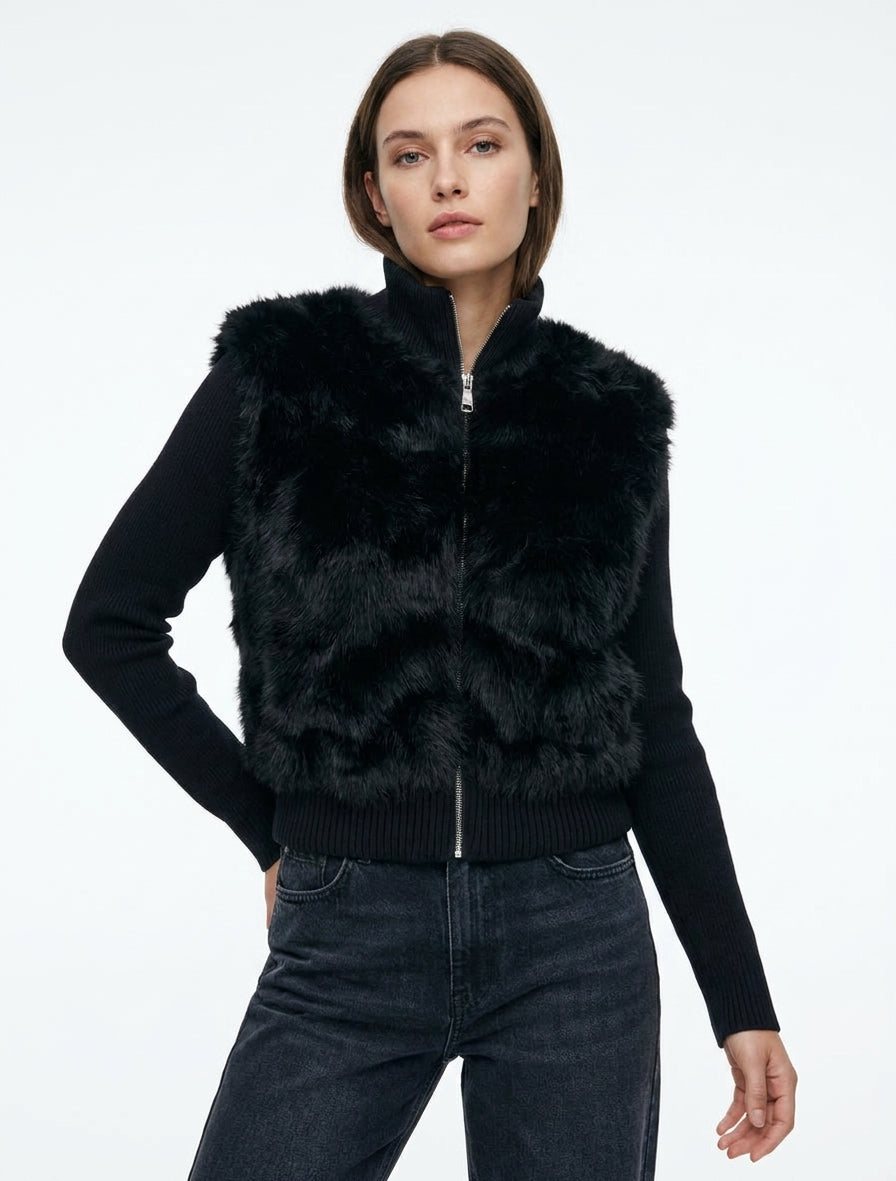 Veste côtelée à empiècement fourrure synthétique - Noir
