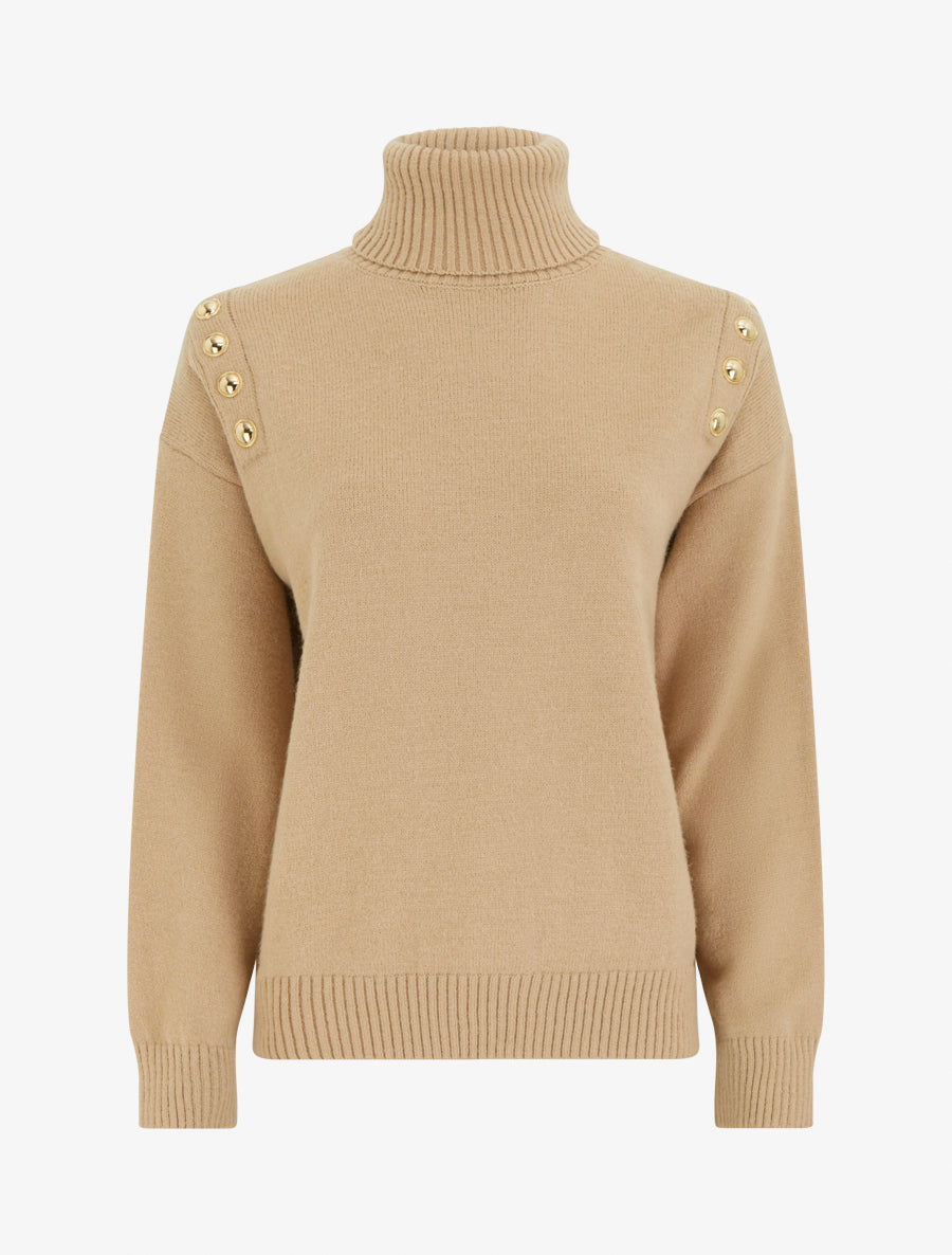 Pull droit à col roulé et boutons décoratifs - Camel clair - 1