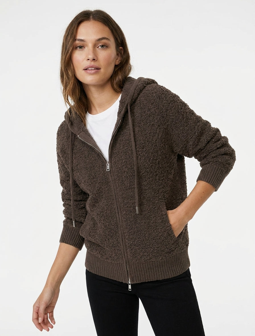 Sweat à capuche en maille bouclée - Marron