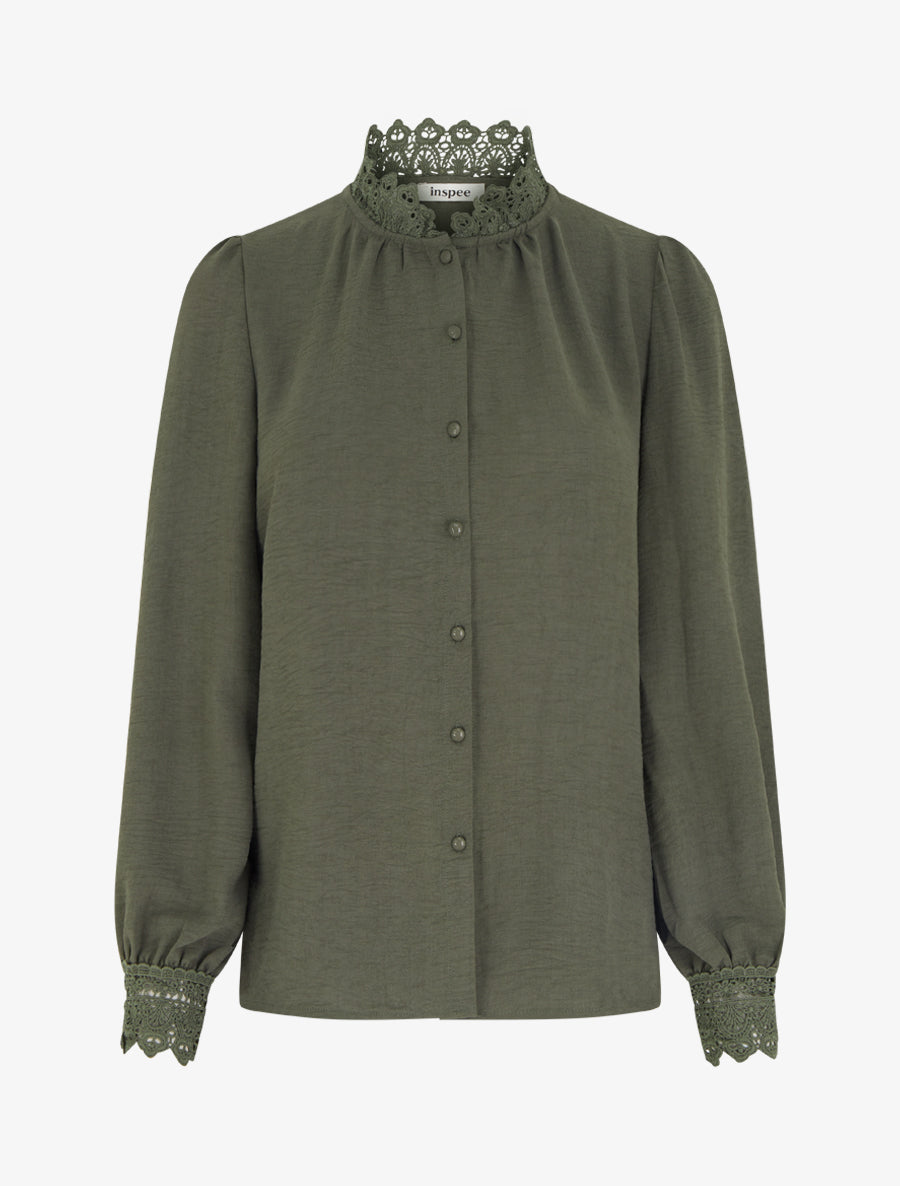 Blouse fluide col mao en dentelle - Kaki - 1