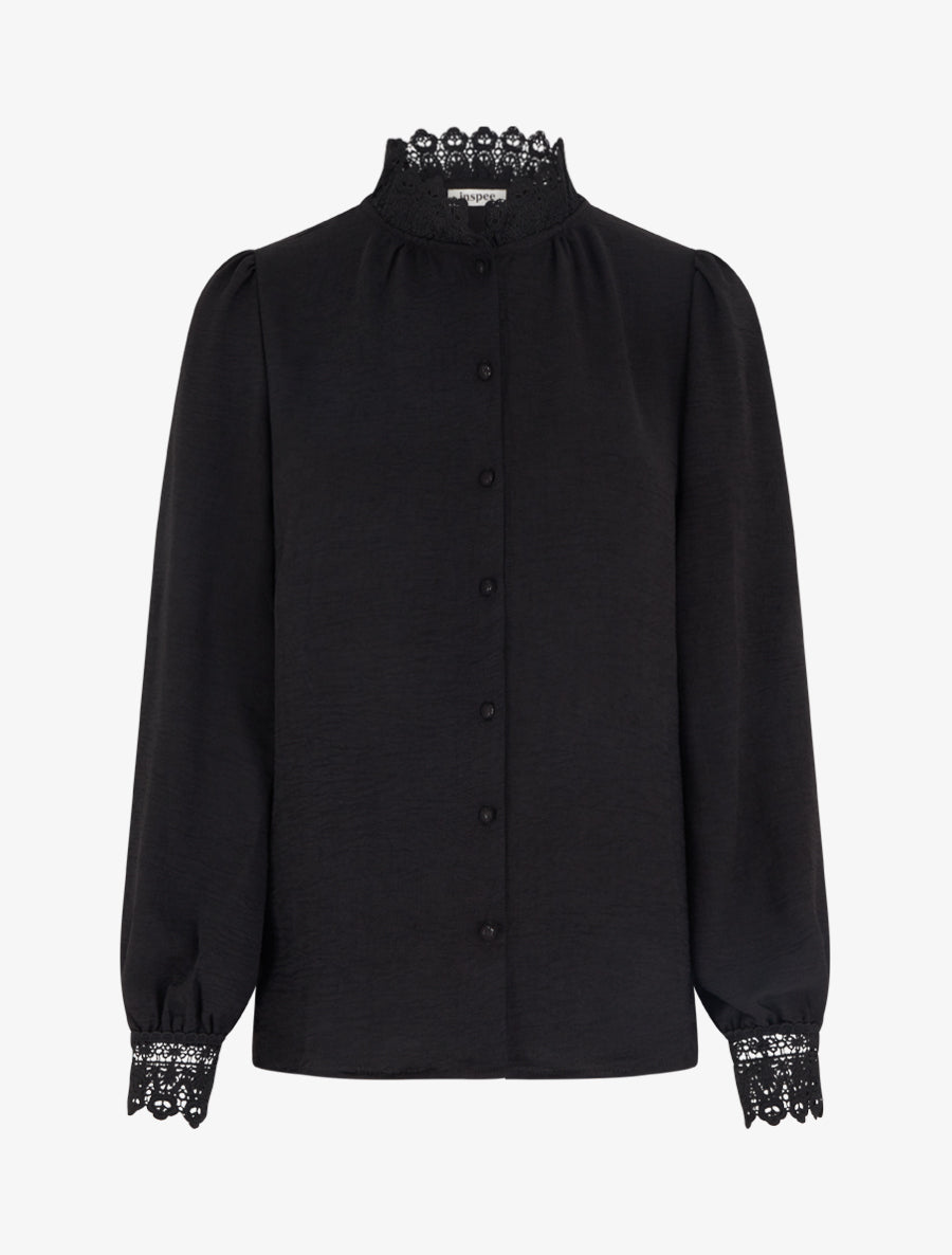 Blouse fluide col mao en dentelle - Noir - 1