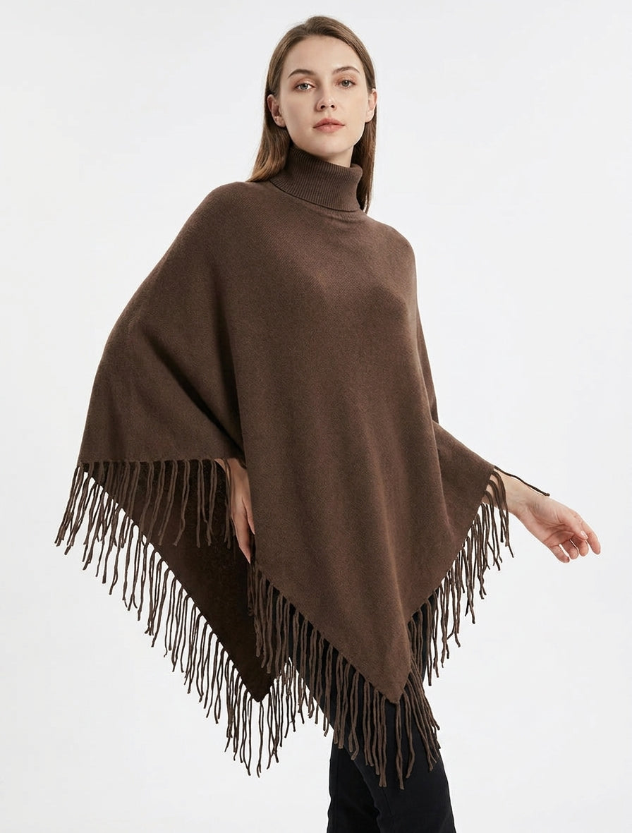 Poncho oversize à franges - Marron