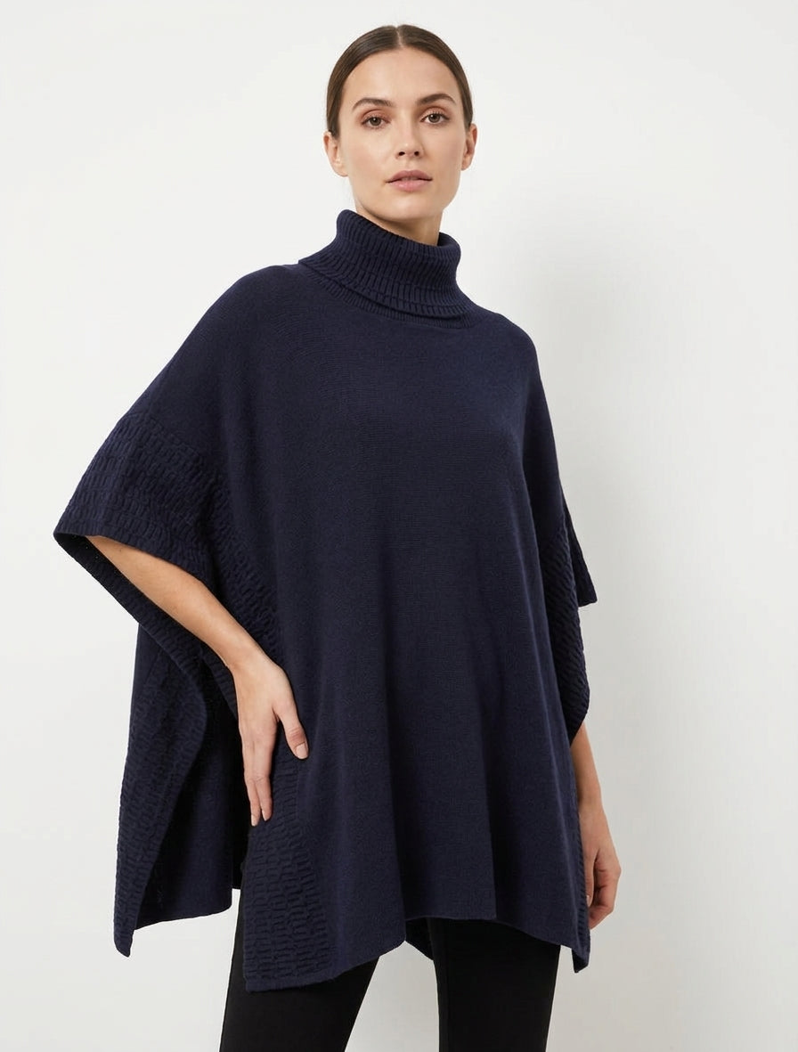 Poncho ample à col roulé en maille fantaisie - Marine