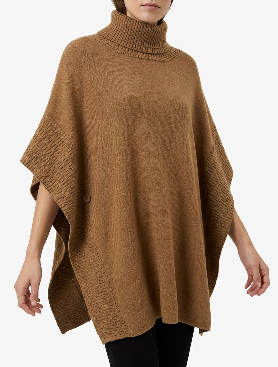 Poncho ample à col roulé en maille fantaisie - Camel