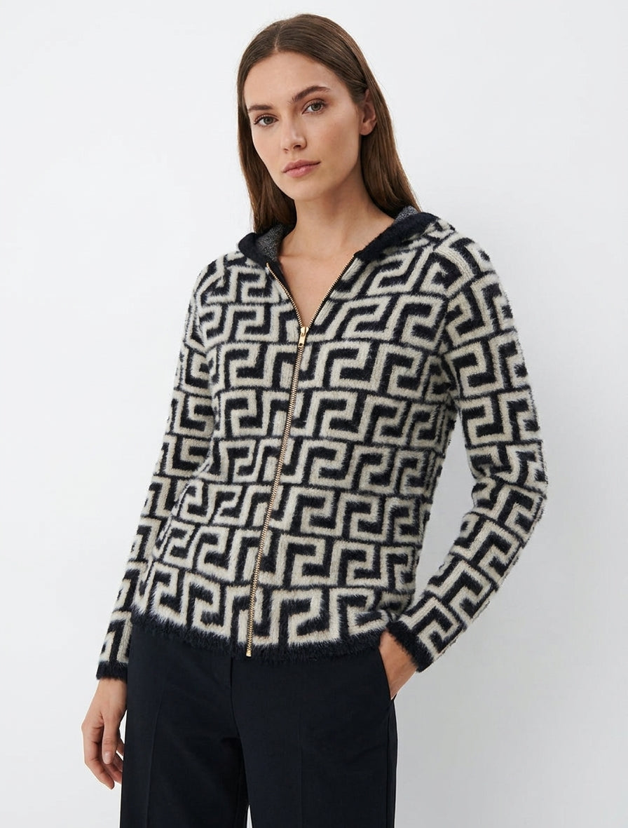 Sweat à capuche en maille duveteuse imprimé graphique - Noir