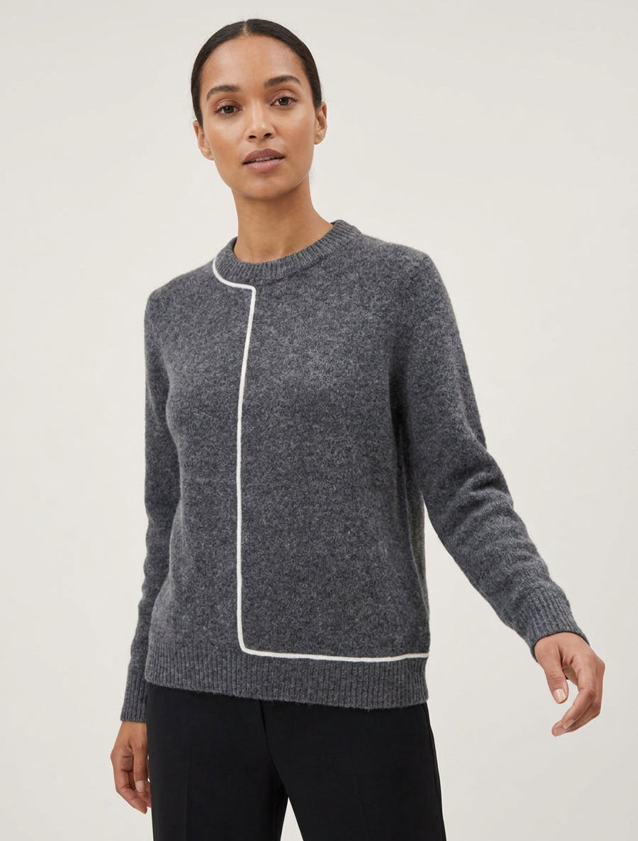 Pull laine mélangée col rond et liseré contrastant - Gris
