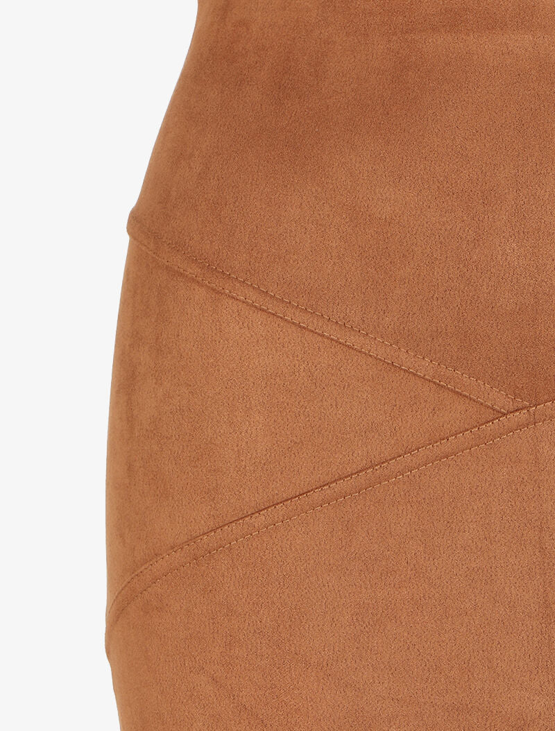 Jupe en suédine à bords asymétriques et coutures contrastantes - Camel - 3