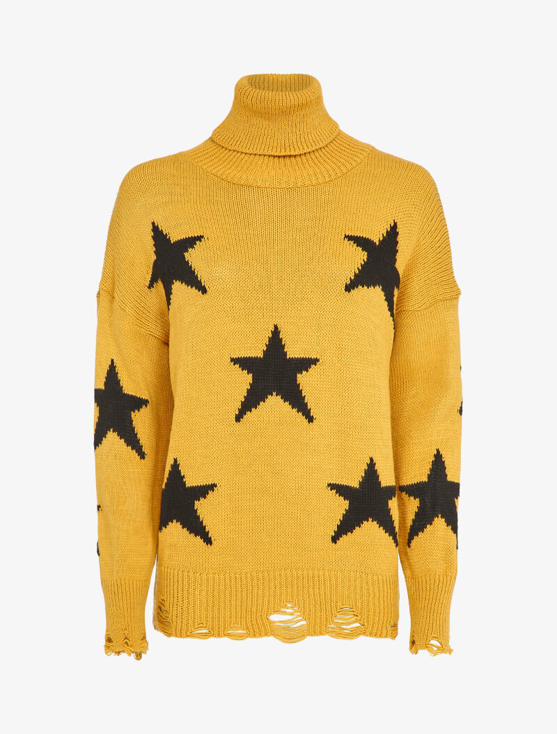 Pull à col roulé à bords effilochés et imprimé étoiles - Moutarde - 1
