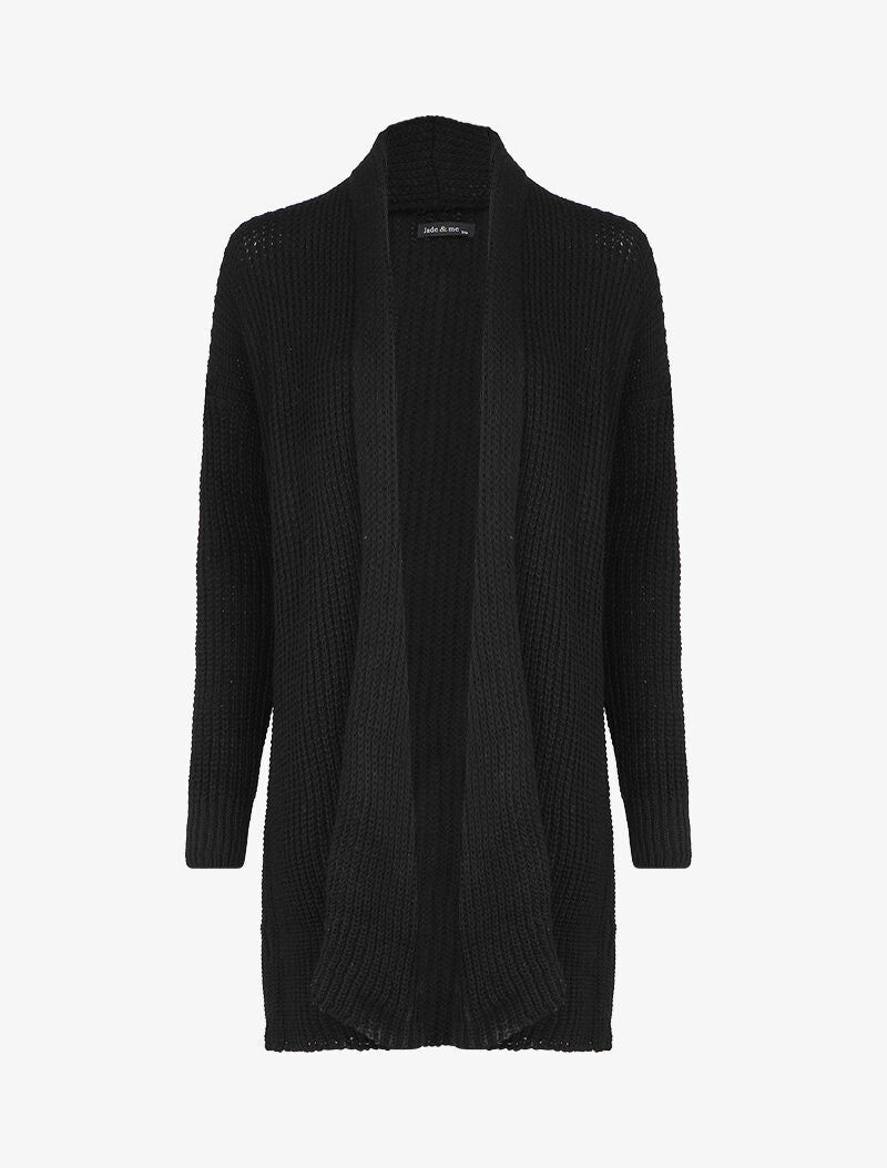 Gilet mi-long en grosse maille à col châle - Noir - 1