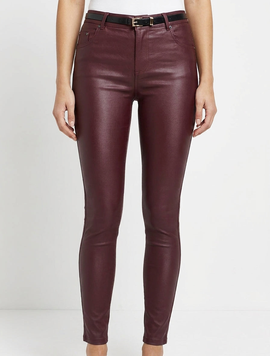 Pantalon effet enduit coupe skinny - Lie de vin