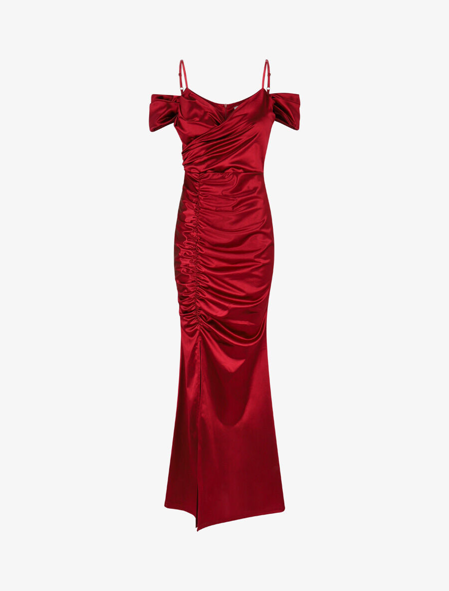 Robe longue fendue à épaules dénudées - Bordeaux - 5