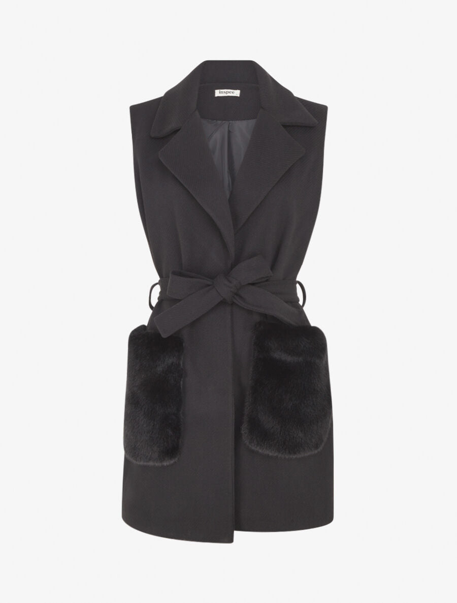 Veste à empiècement fourrure synthétique effet fausses poches - Noir - 4