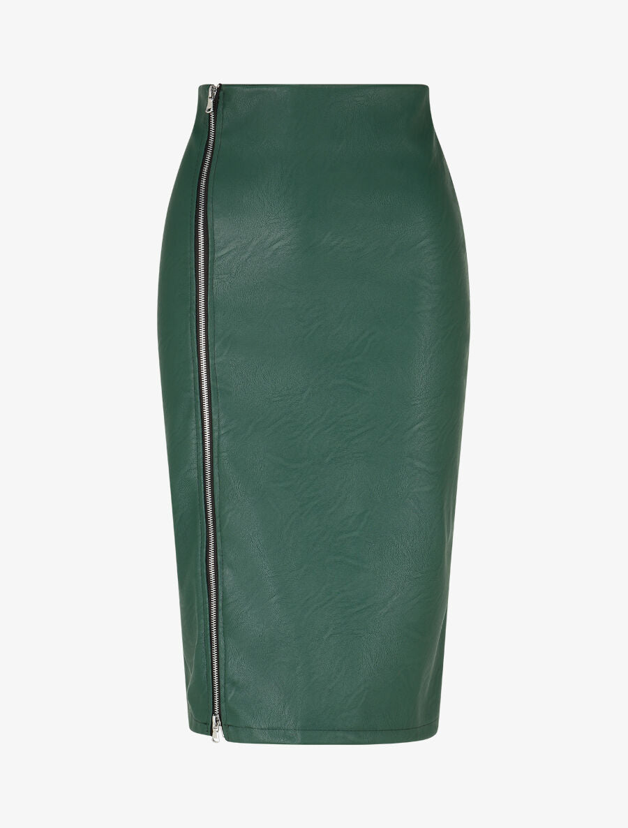 Jupe mi-longue zippée en simili - Vert - 1