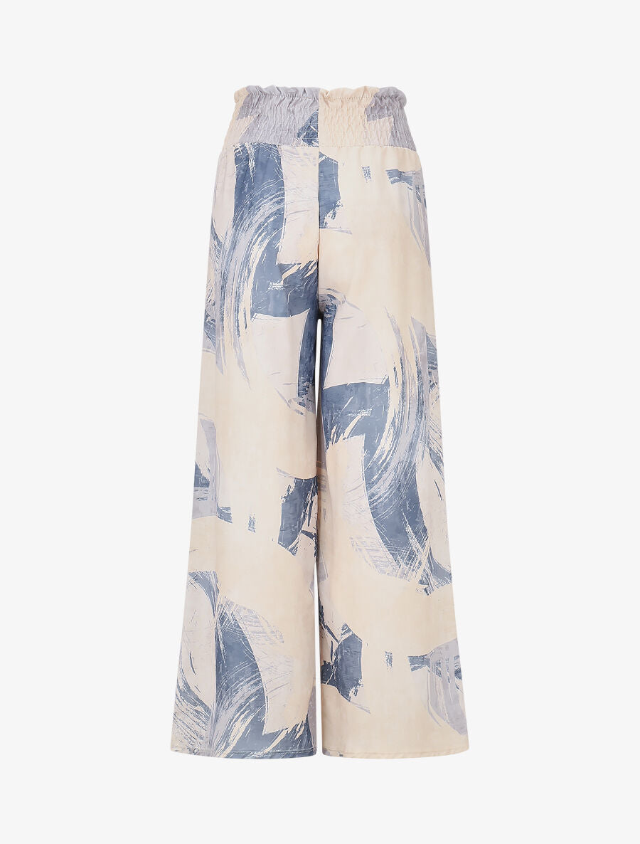 Pantalon fluide élastiqué imprimé abstrait - Bleu - 2