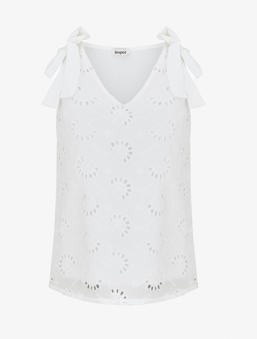 Débardeur droit en broderie anglaise à noeuds - Blanc - 1
