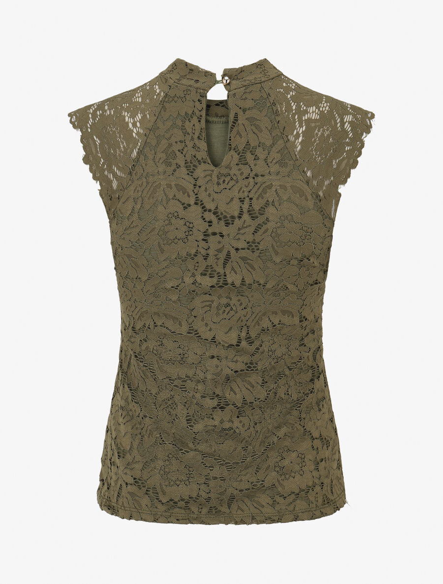 Top ajusté en dentelle col montant - Kaki - 2