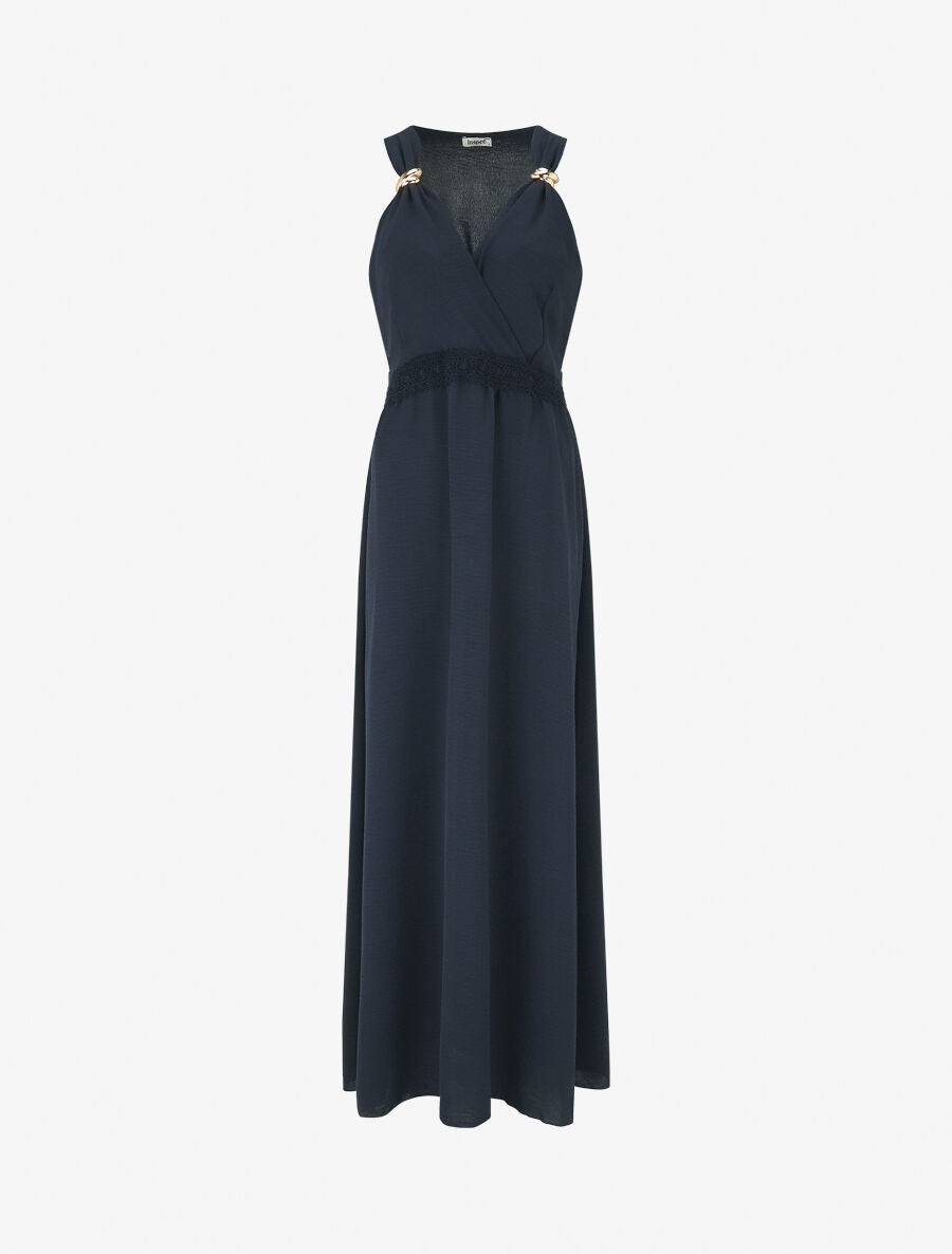 Robe longue fluide à bretelles bijoux - Marine - 1