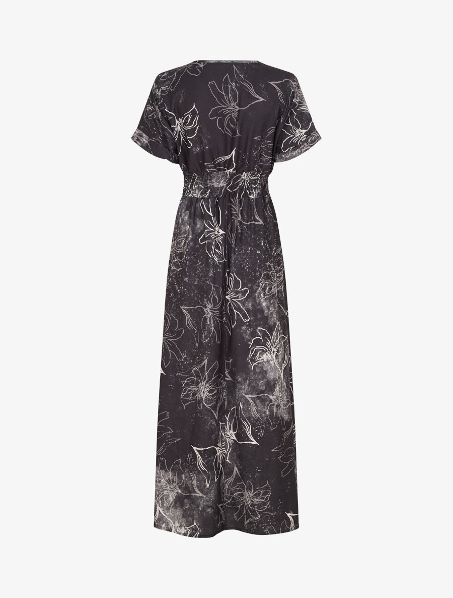 Robe longue manches courtes imprimé végétal - Noir - 2