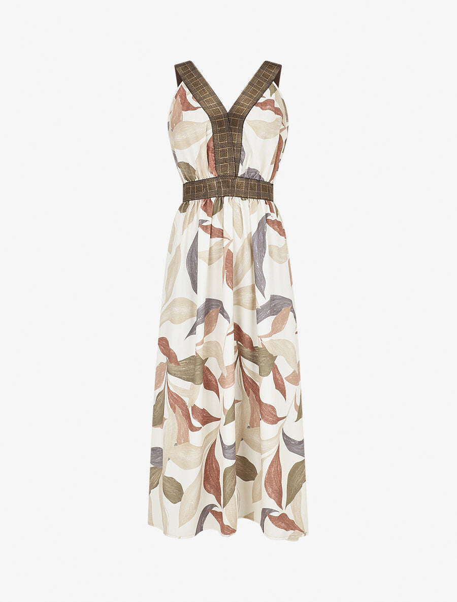 Robe longue à détail irisées et imprimé feuilles - Beige - 1