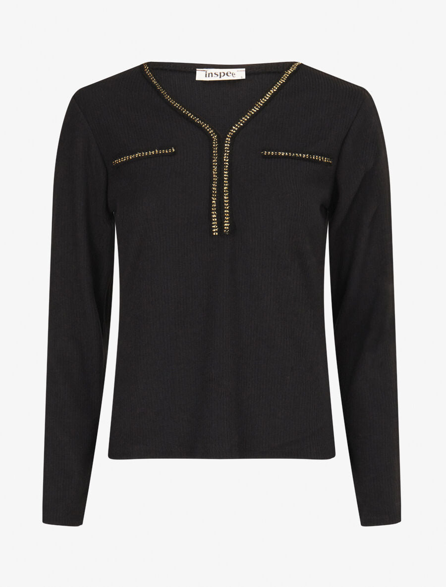 Pull fin côtelé à détails irisés - Noir | Stand-Prive