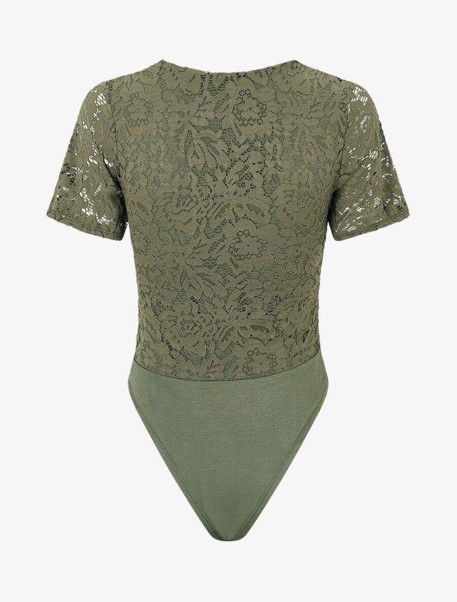Body en dentelle manches courtes - Kaki - 2