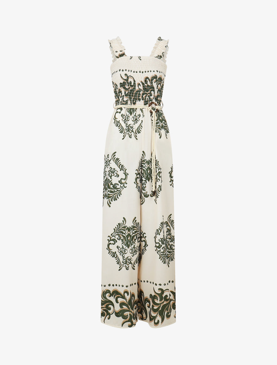 Combinaison imprimé ikat à buste élastiqué - Kaki - 1