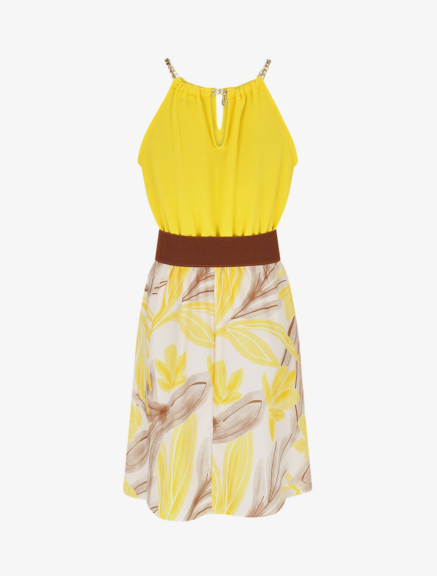 Robe mi-longue imprimé feuillage à bretelles en chaîne - Jaune - 2