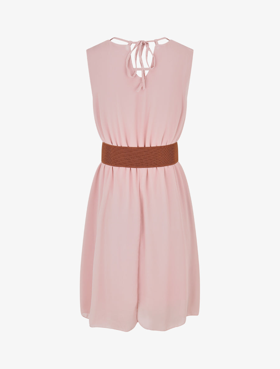 Robe mi-longue unie à col à perles - Rose - 2