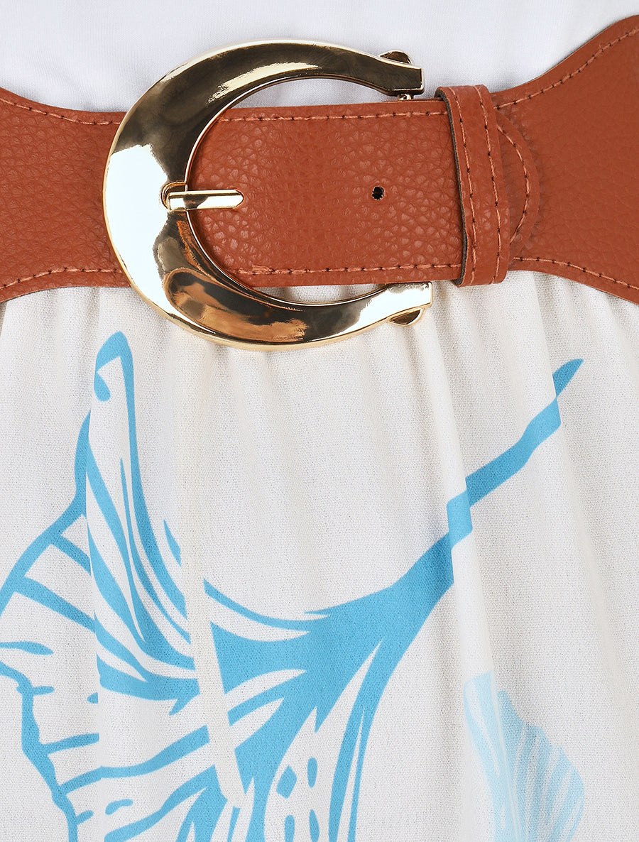 Robe longue imprimé végétal et col à sangle - Bleu ciel - 3