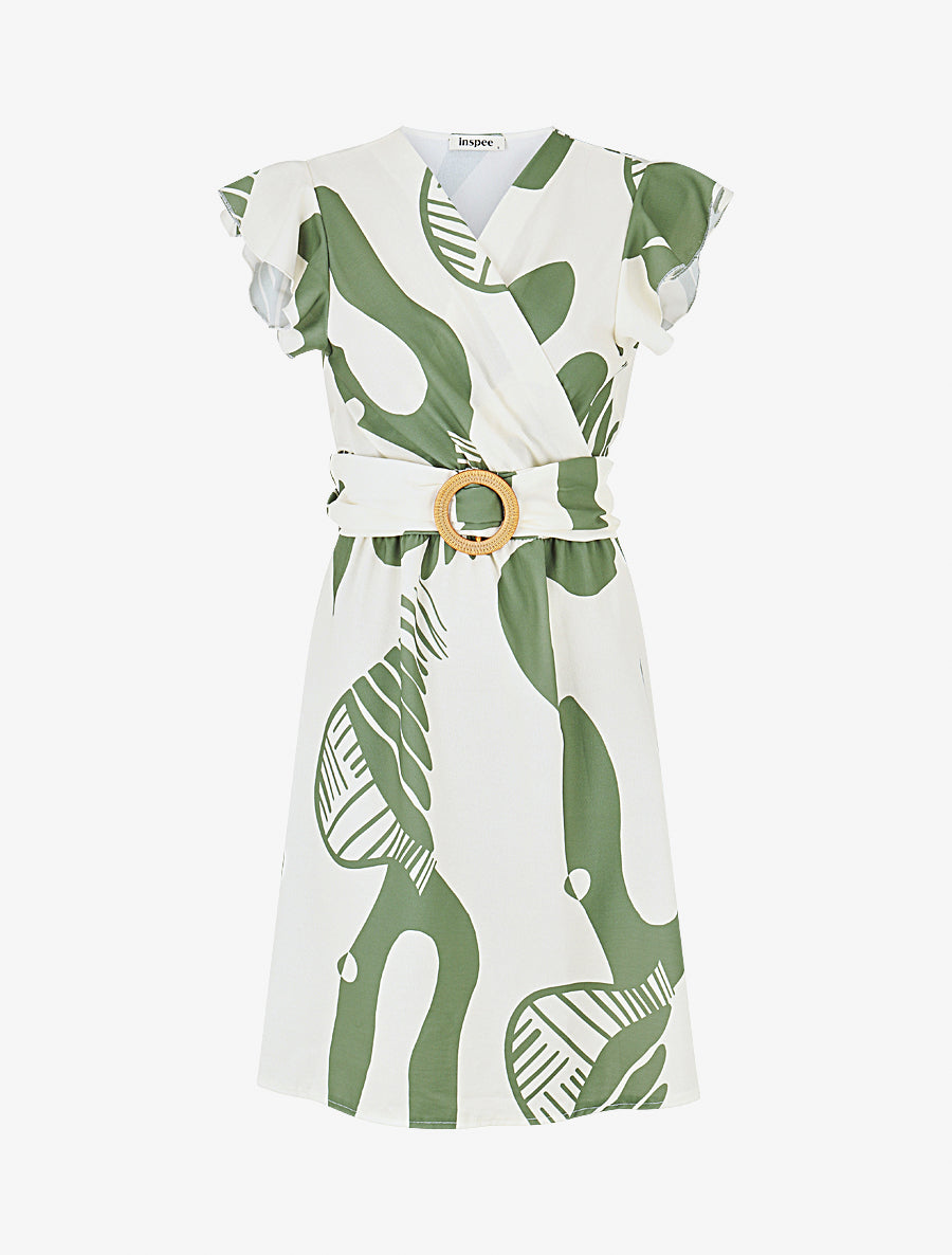 Robe élastiquée à manches volantées - Kaki - 1