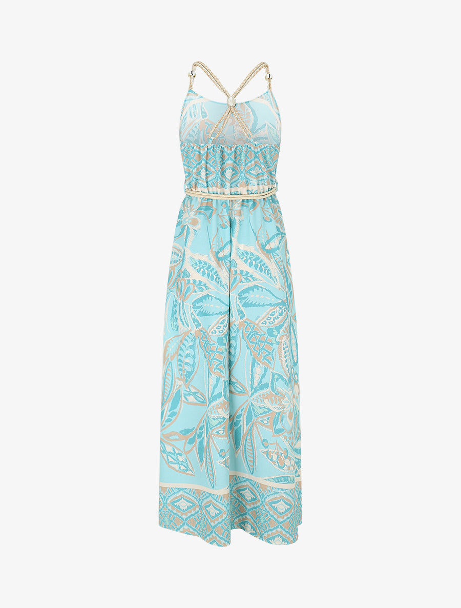Robe longue imprimé fleurs tropicales à bretelles en corde - Bleu ciel - 2