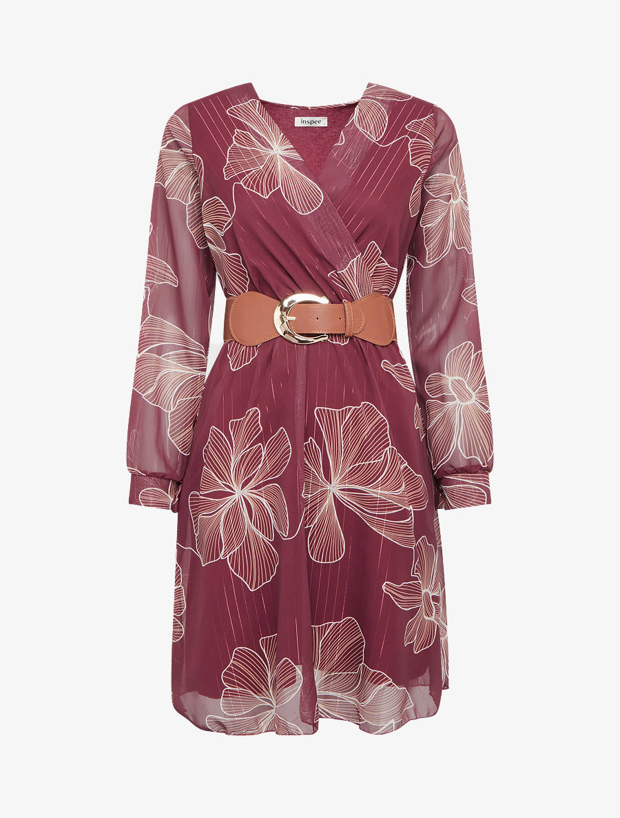 Robe mi-longue évasée imprimé floral - Bordeaux - 1