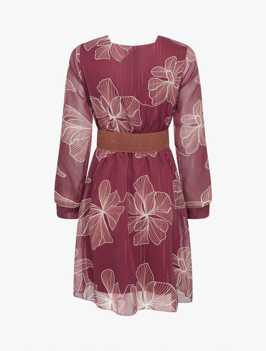 Robe mi-longue évasée imprimé floral - Bordeaux - 2