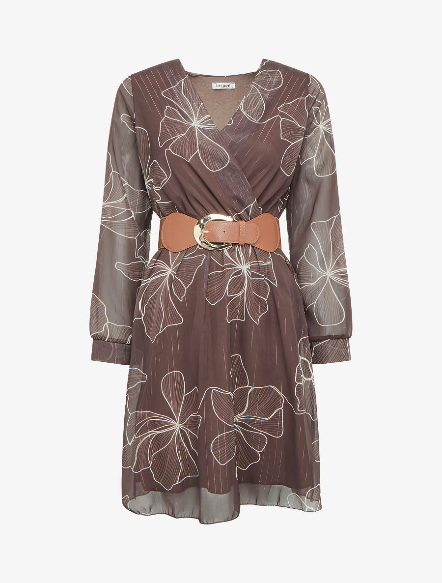 Robe mi-longue évasée imprimé floral - Marron - 1