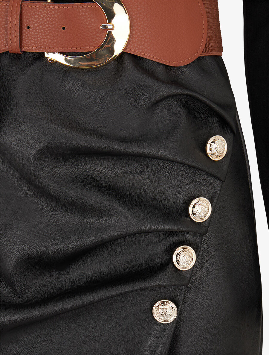 Robe bimatière jupe plissé à boutons - Noir - 3