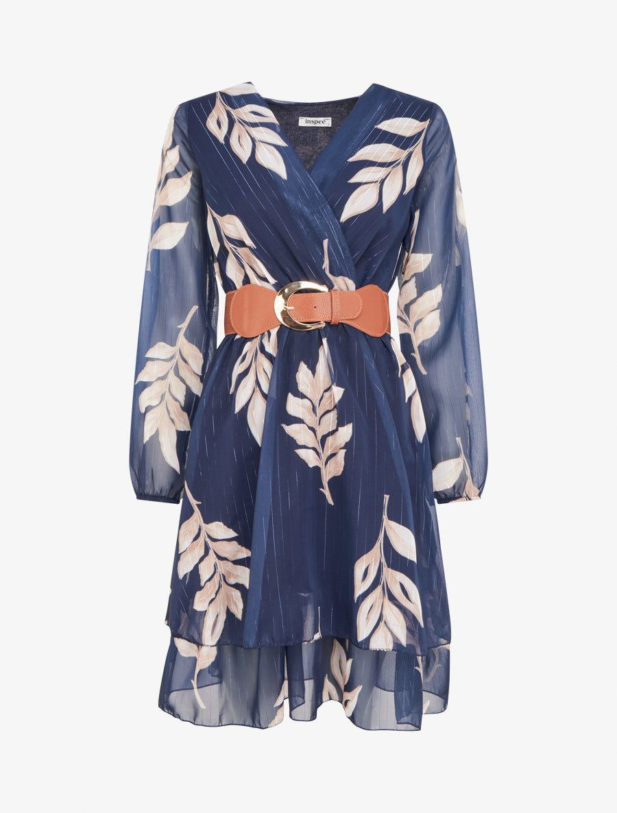 Robe mi-longue voile cache-cœur feuilles Marine Stand-Prive