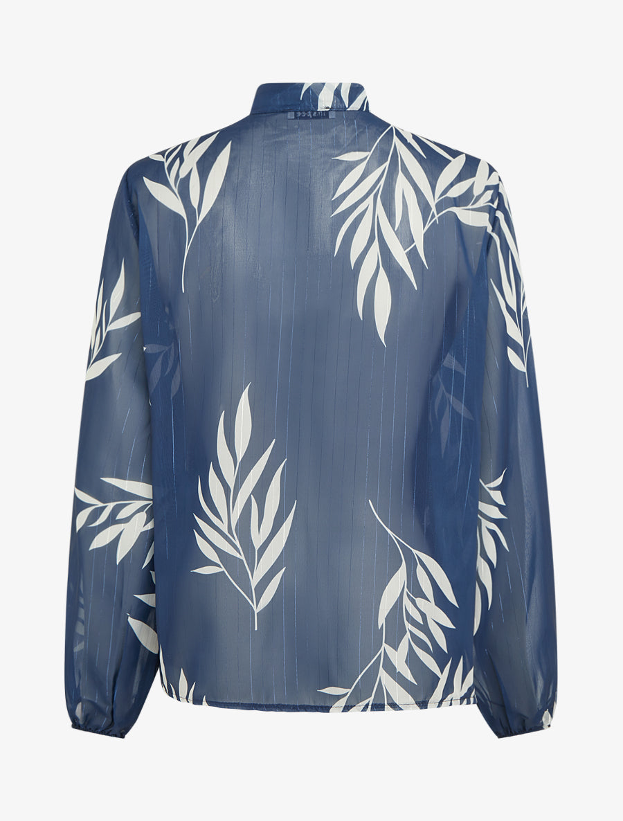 Top lavallière en voile imprimé feuilles - Marine - 2