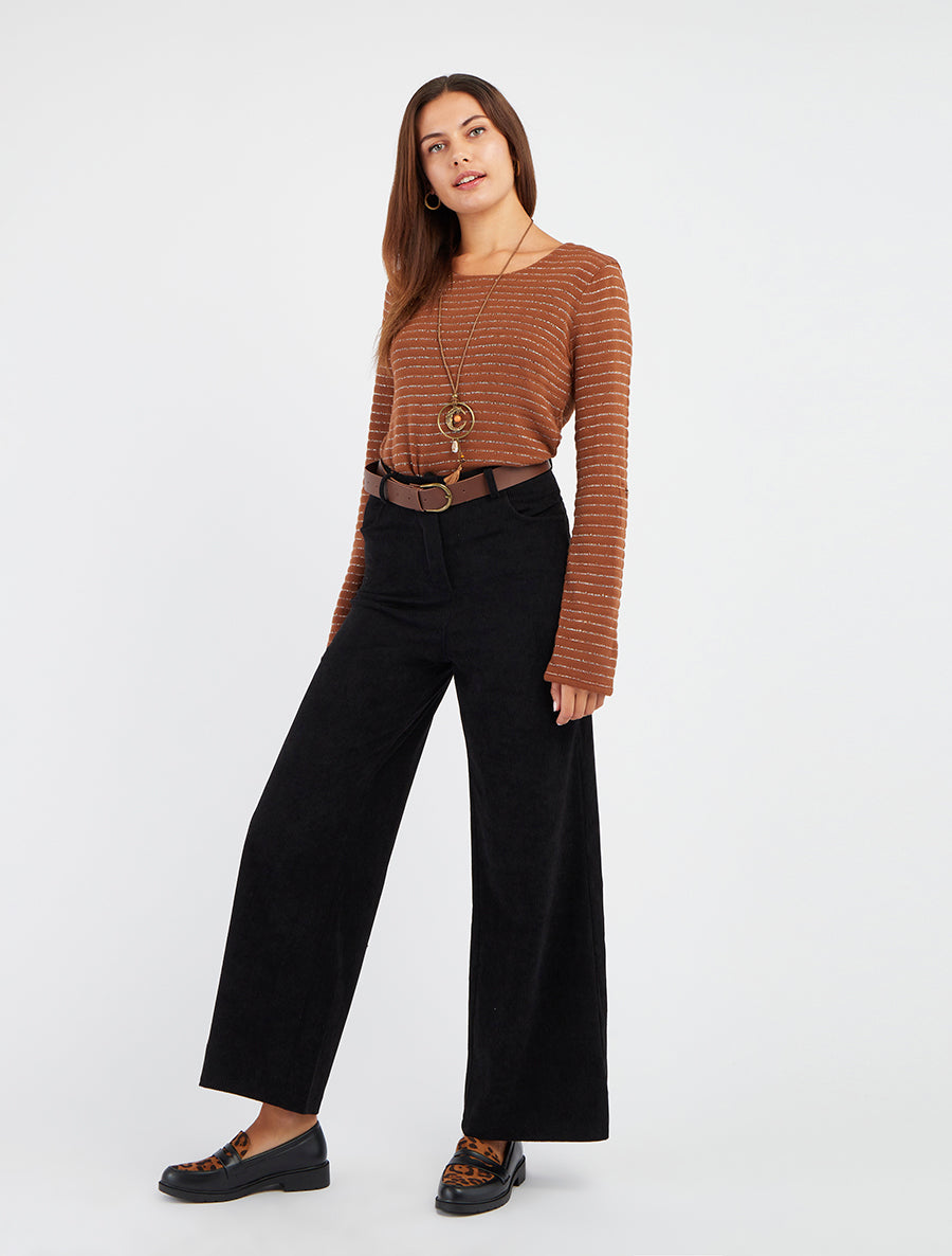 Pantalon ceinturé taille haute en velours côtelé - Noir - 8