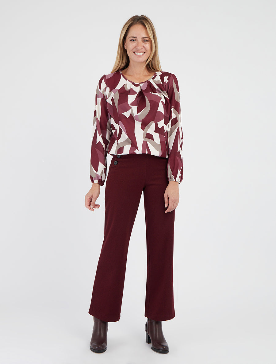 Pantalon droit taille haute motif chevron - Bordeaux