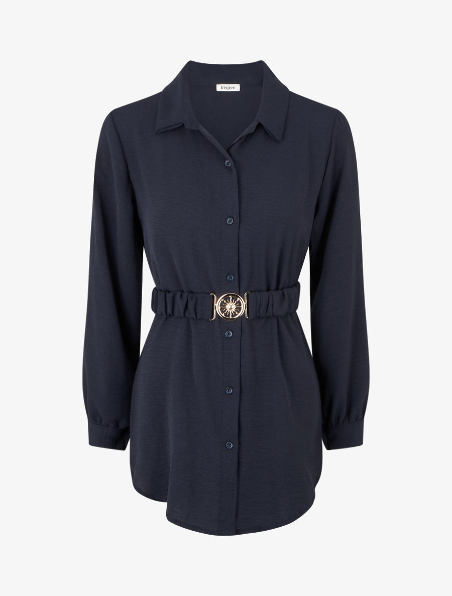 Chemise unie à ceinture élastiquée - Marine - 1