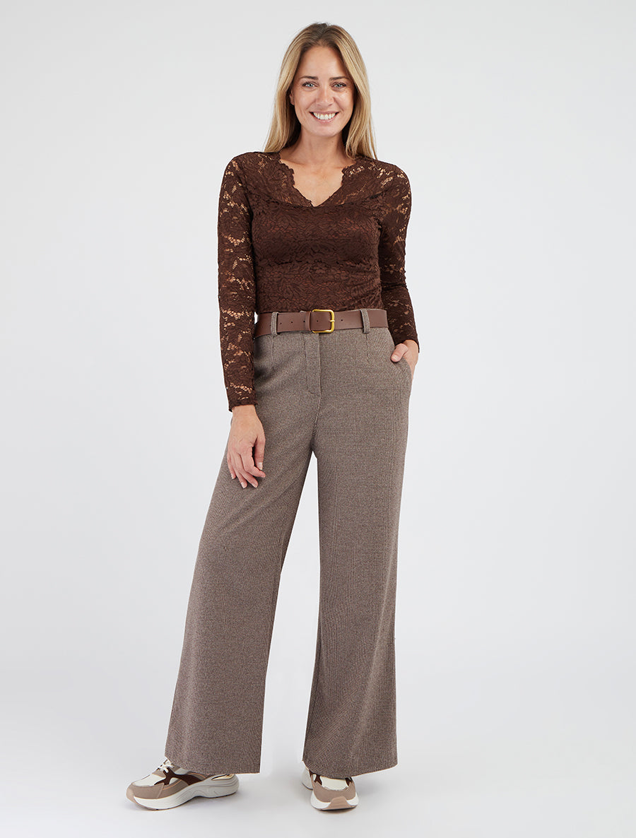 Top en dentelle col V manches longues - Marron
