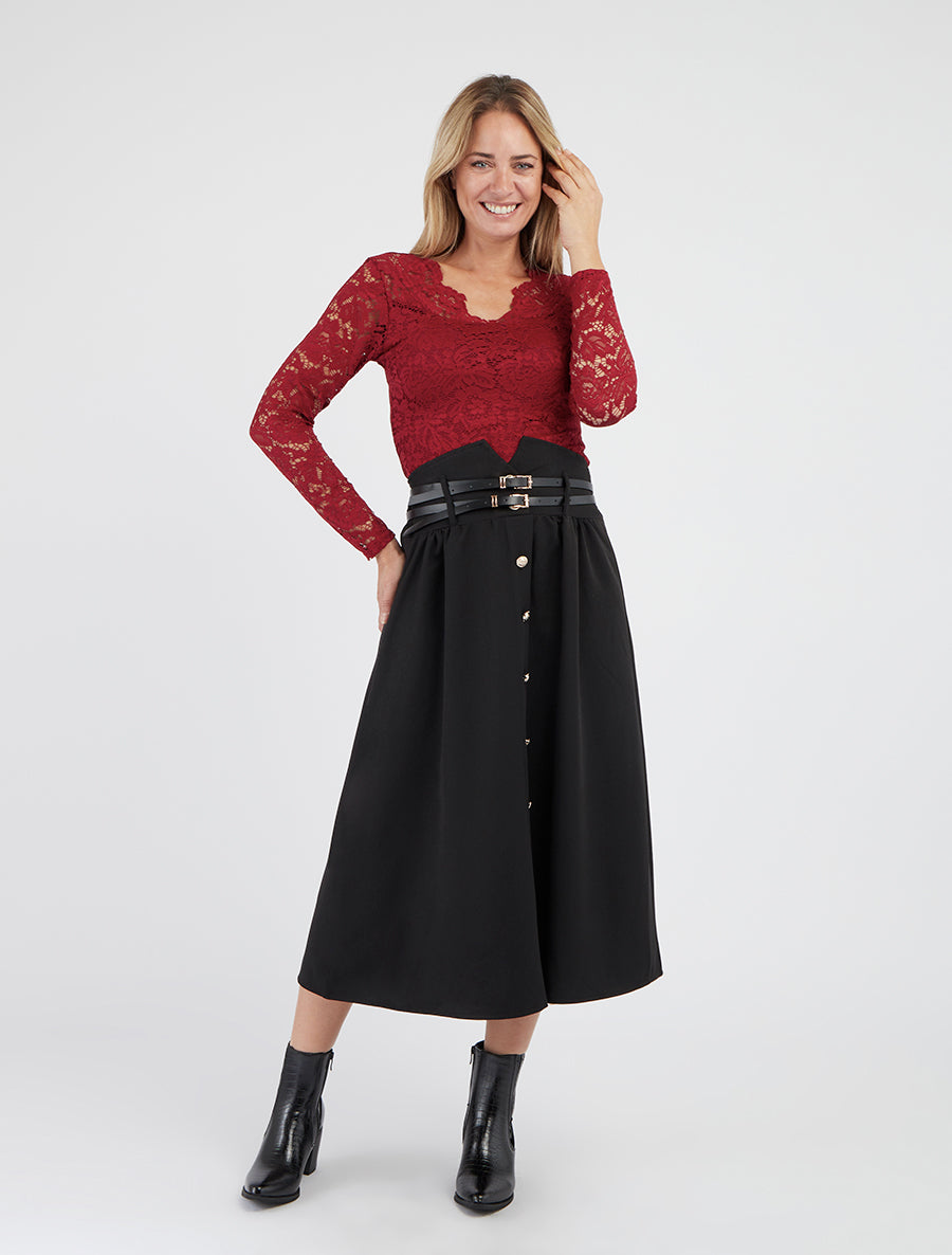 Top dentelle col V manches longues - Bordeaux
