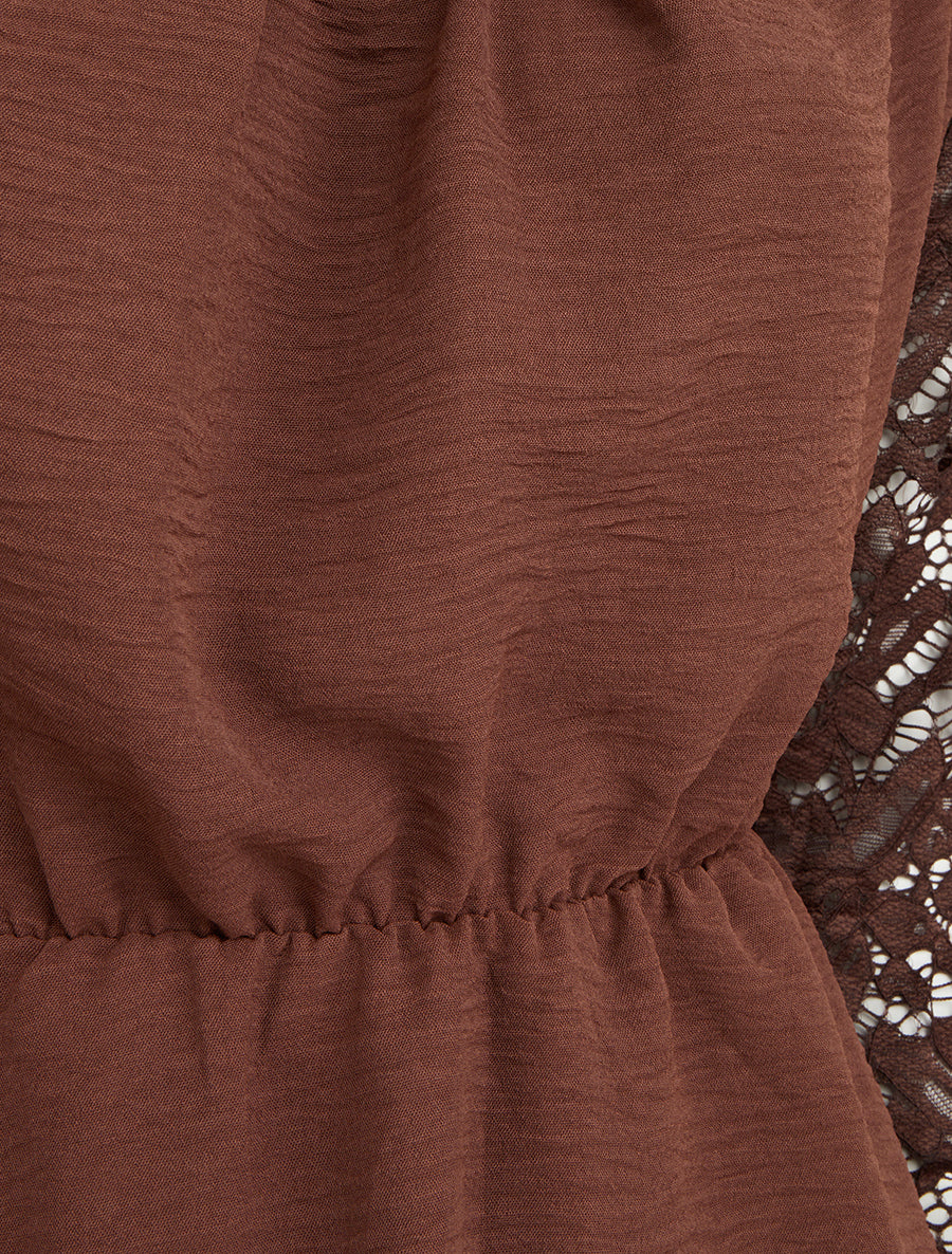 Top péplum à manches dentelle - Marron - 3