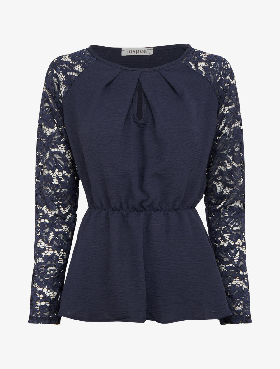 Top péplum à manches dentelle - Marine - 1